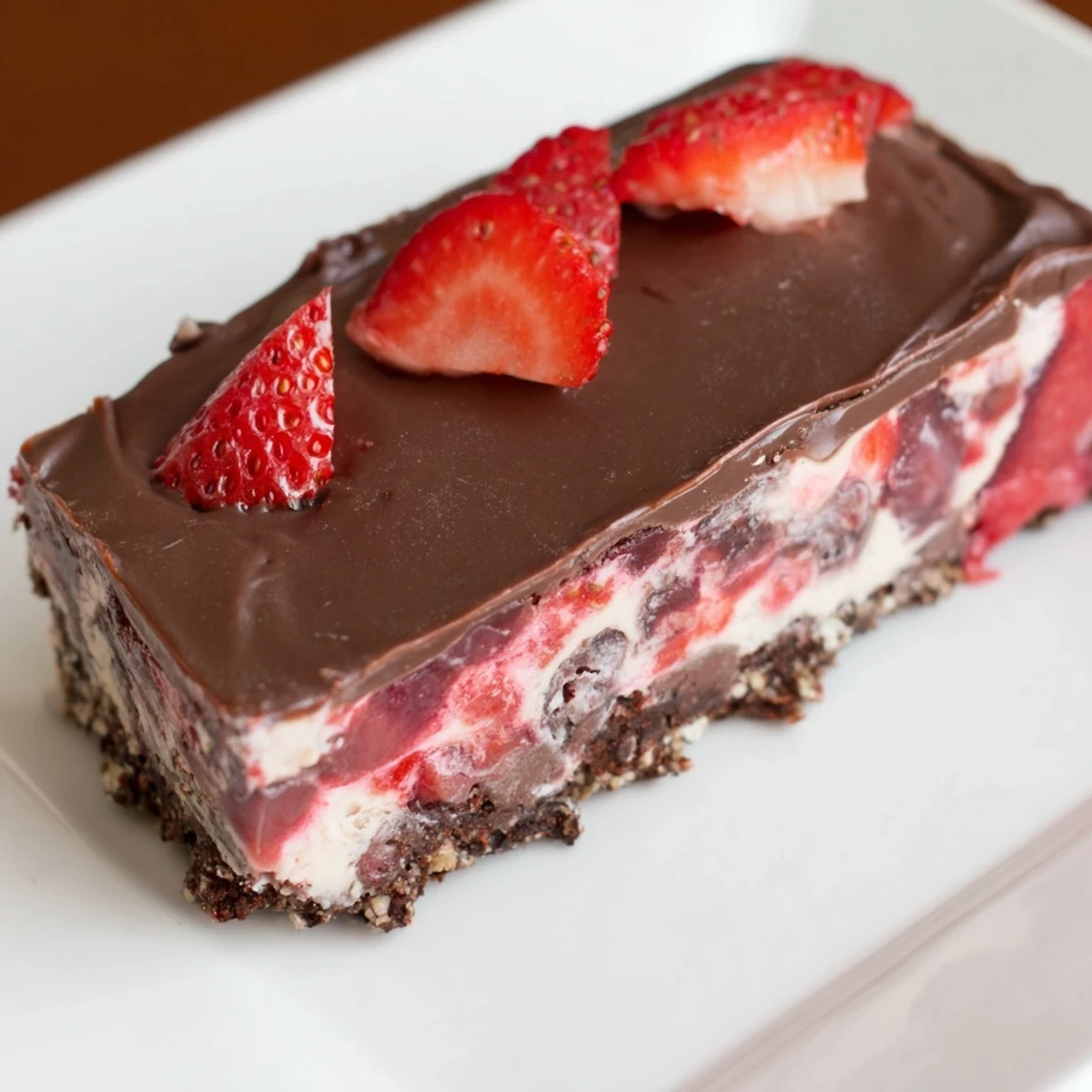 A close view of Chocolate Covered Strawberry Cheesecake Bars with chocolate drizzle and fresh strawberry halves on top.  