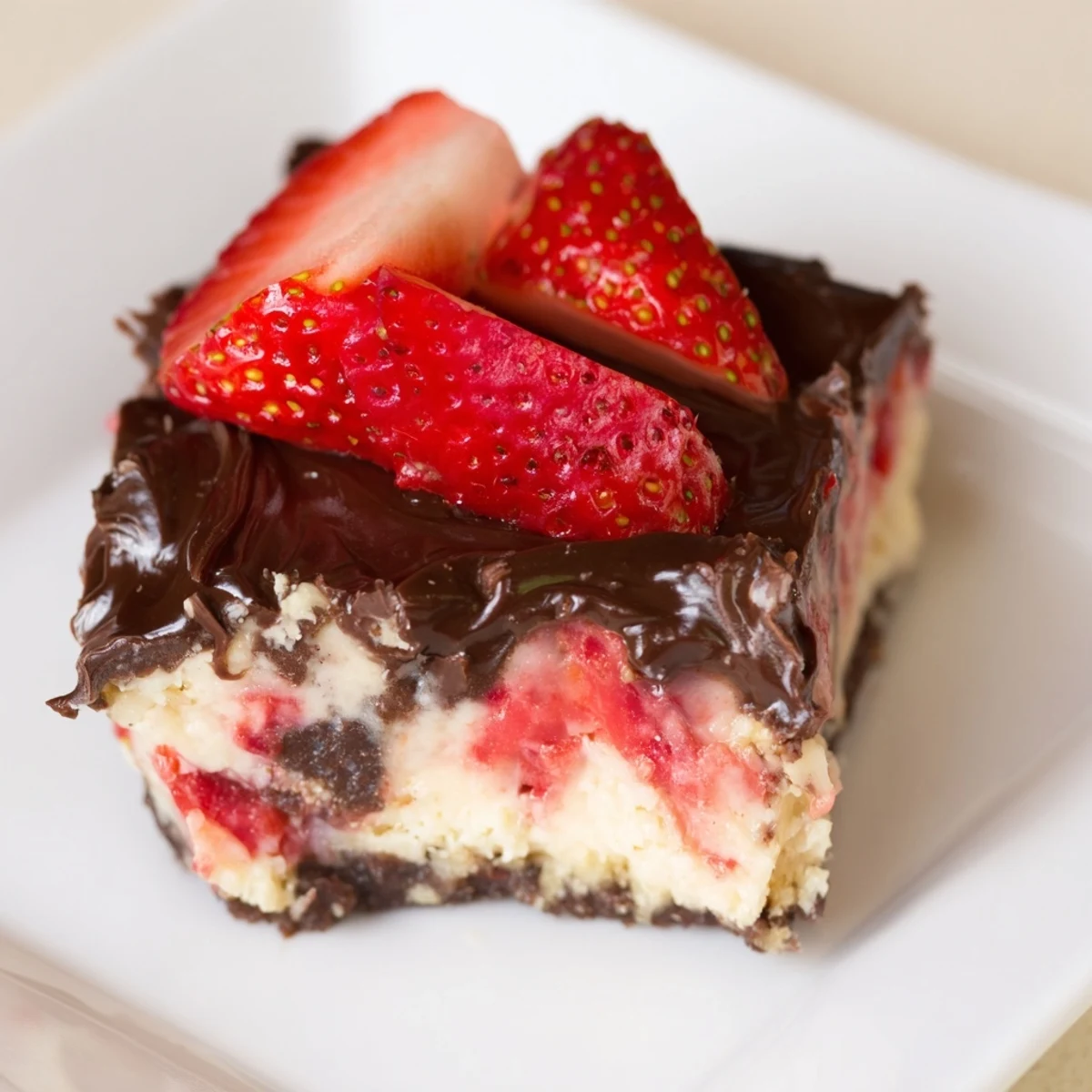 Decadent Chocolate Covered Strawberry Cheesecake Bars plated with vanilla ice cream and a swirl of whipped cream.