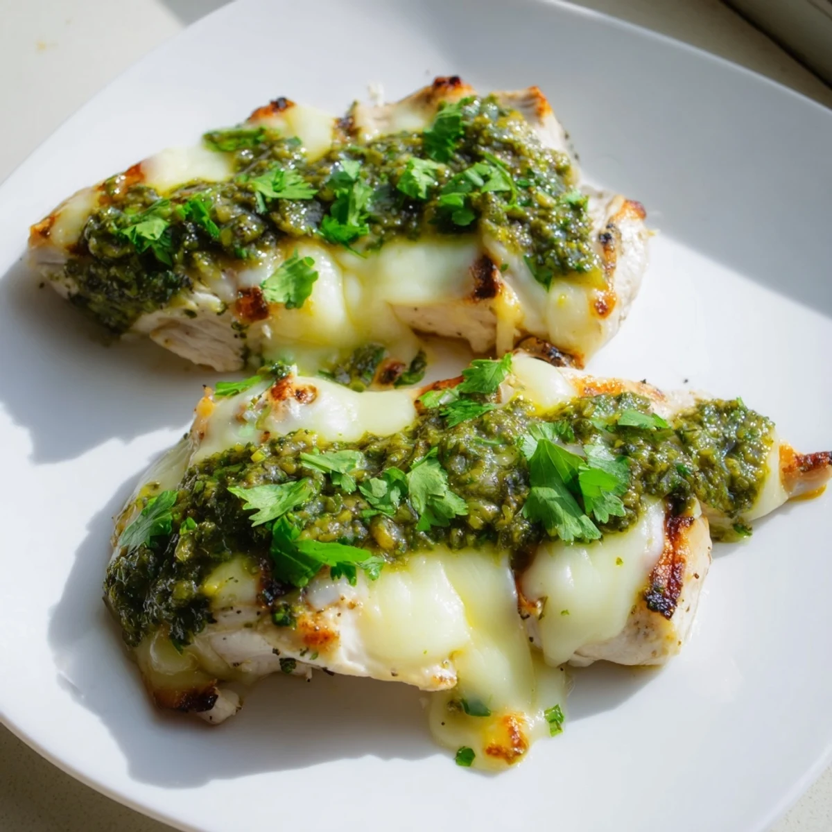 Juicy Grilled Salsa Verde Pepper Jack Chicken resting on a platter with avocado slices and lime wedges.