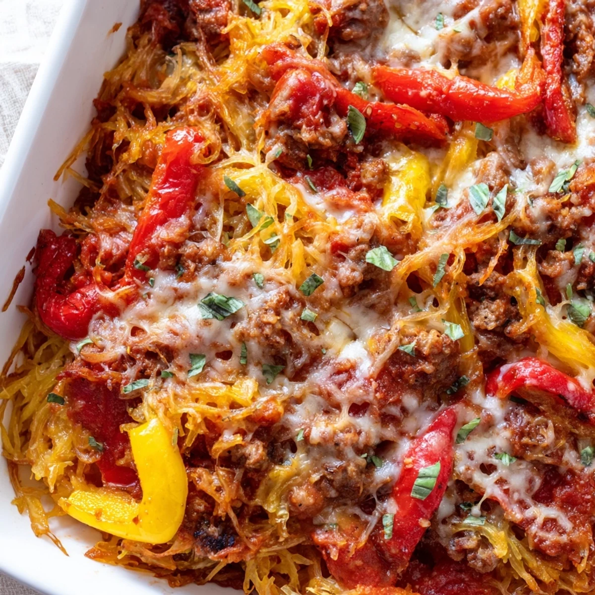 Golden, bubbly mozzarella tops the baked Sausage and Peppers Spaghetti Squash Casserole in a white dish.