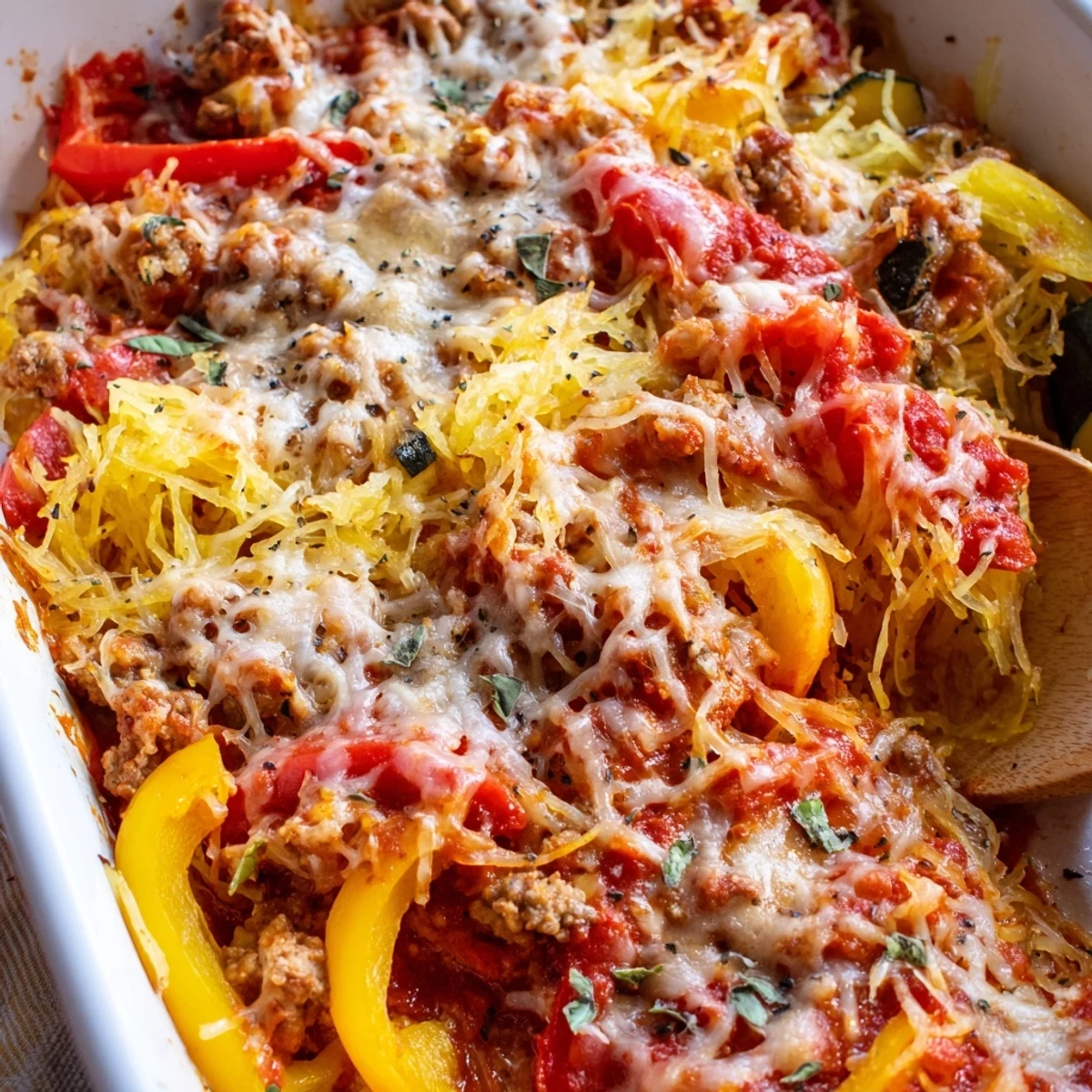 Fresh basil garnishes the finished Sausage and Peppers Spaghetti Squash Casserole next to a serving fork.