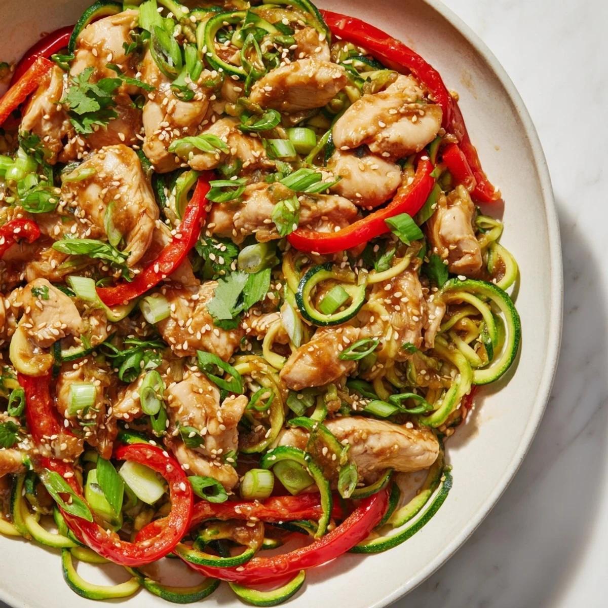 A close-up of Garlic Chicken Zucchini Noodles Stir Fry on a white plate, with vibrant green zucchini strands and golden-brown chicken pieces.  