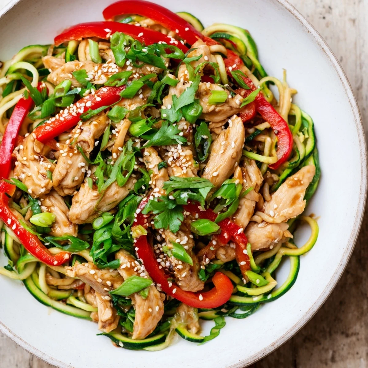 Garlic Chicken Zucchini Noodles Stir Fry is served in a black skillet, garnished with sesame seeds and fresh cilantro for a quick, healthy dinner.  