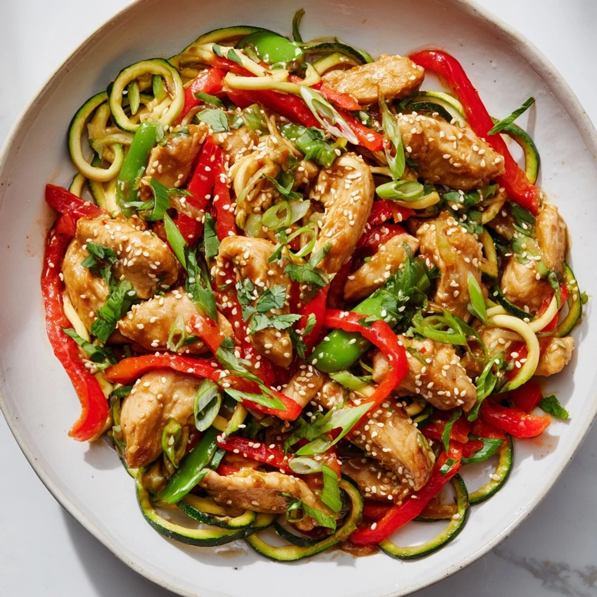 Savory Garlic Chicken Zucchini Noodles Stir Fry features tender chicken and crisp vegetables, ready to be enjoyed with chopsticks on a bamboo mat.