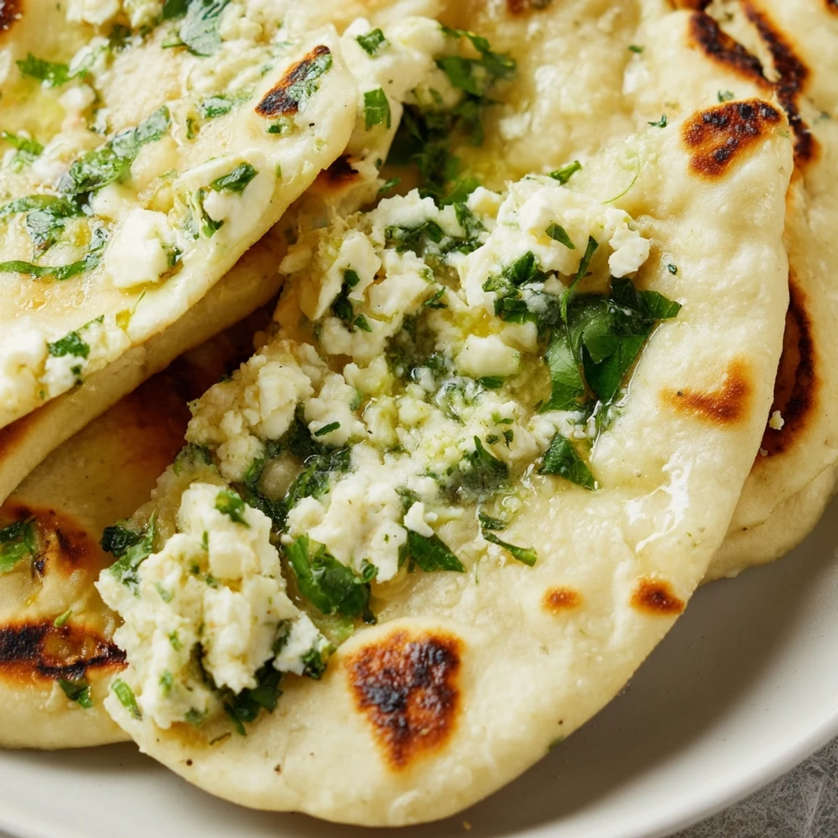 Soft, pillowy Cottage Cheese Garlic Naan torn open to reveal the creamy cottage cheese filling.