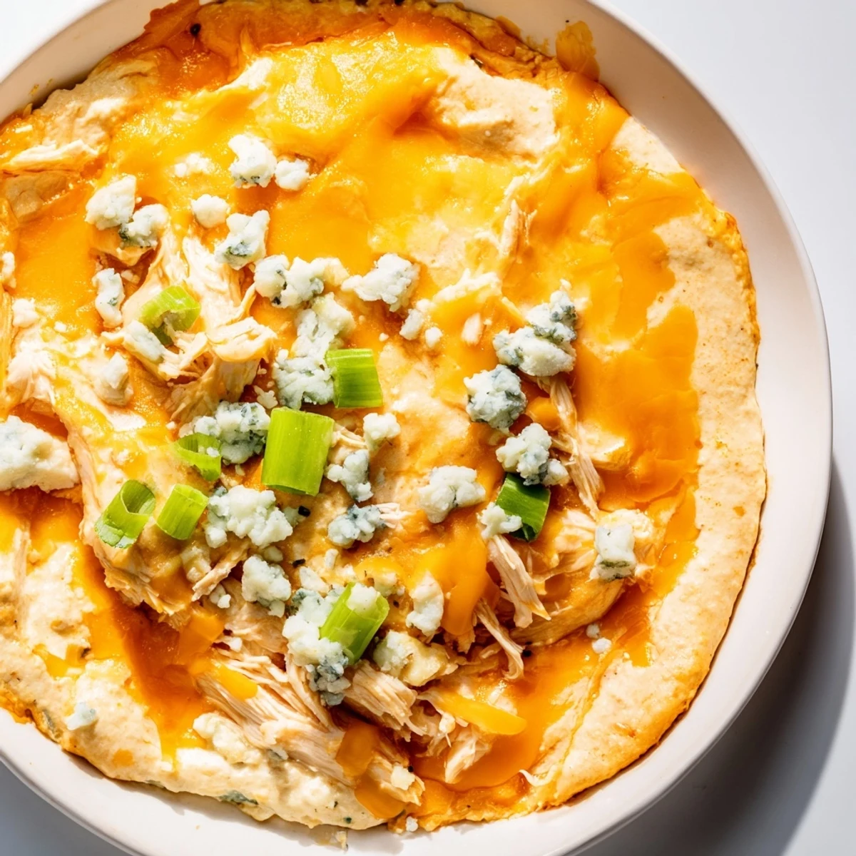 Creamy, bubbling Keto Buffalo Chicken Dip garnished with green onions served with celery sticks.