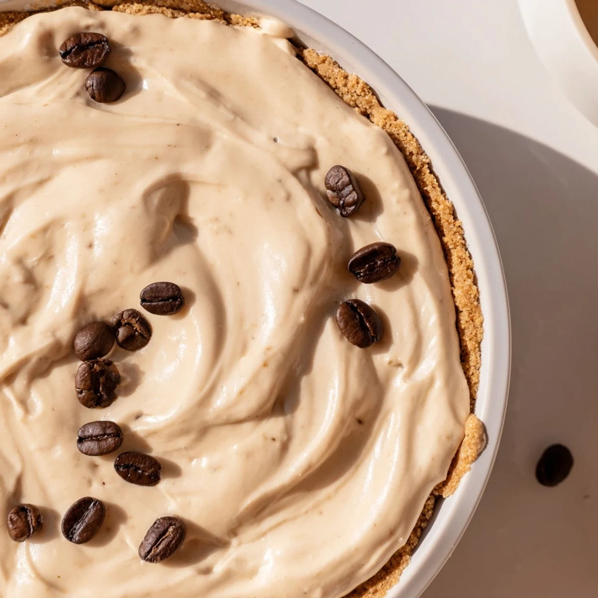 Keto Cold Brew Coffee Pie served chilled in a glass pie dish with fluffy whipped topping and cocoa powder.