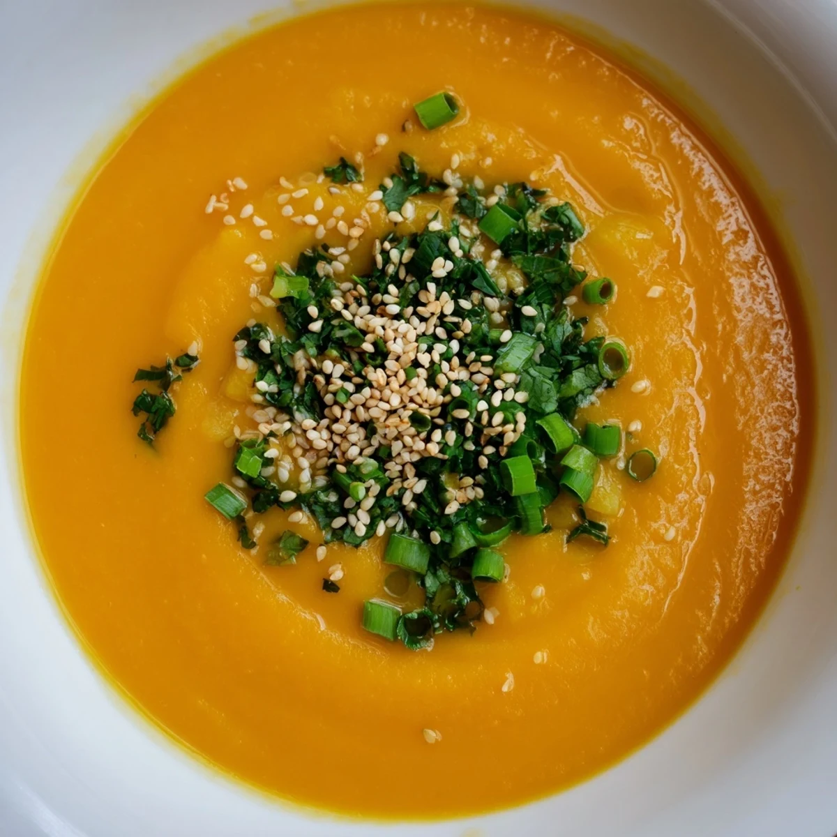 A bowl of vibrant Spicy Miso Carrot Soup garnished with fresh cilantro and sesame seeds.