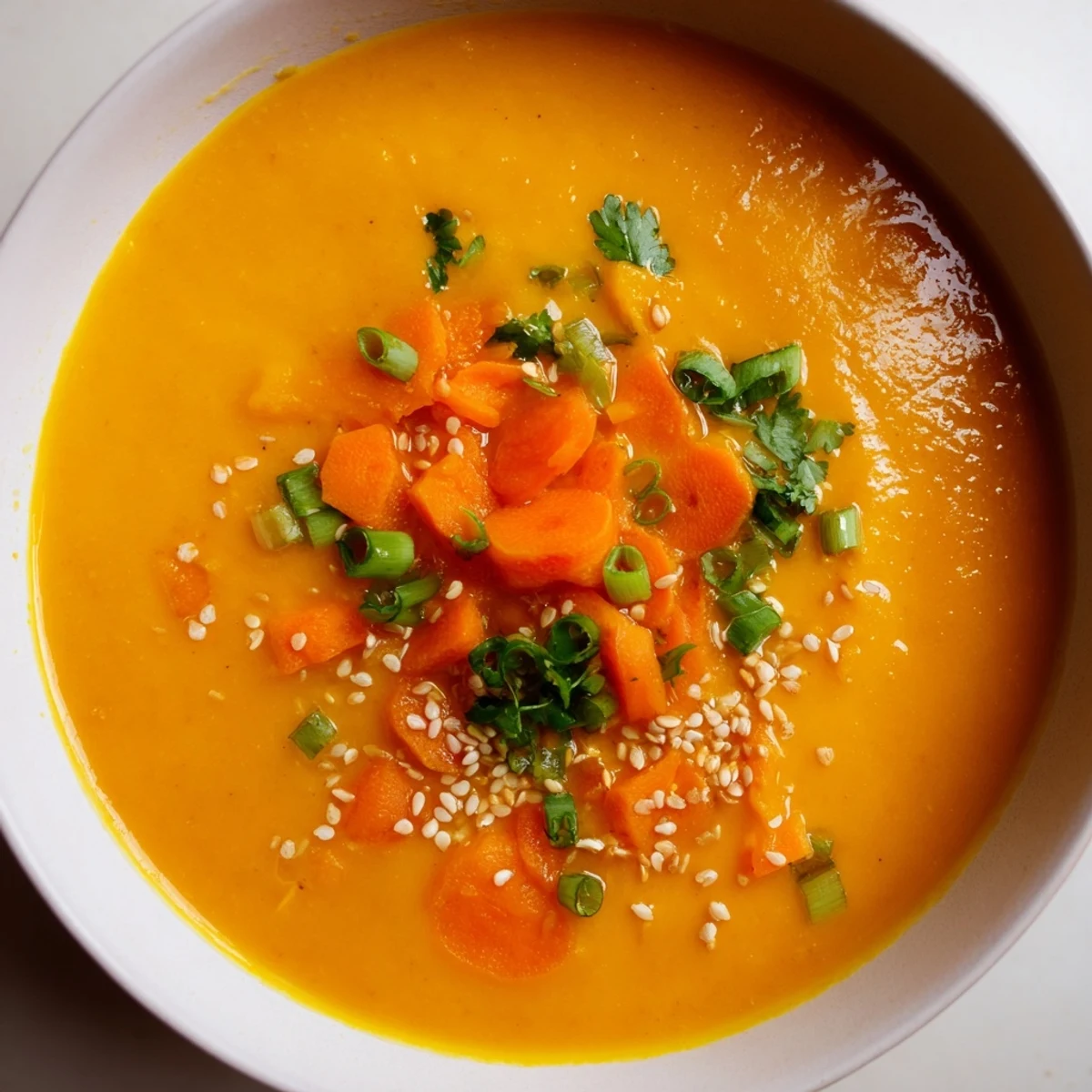 Comforting Spicy Miso Carrot Soup served warm, highlighting the bright orange color and garnishes.
