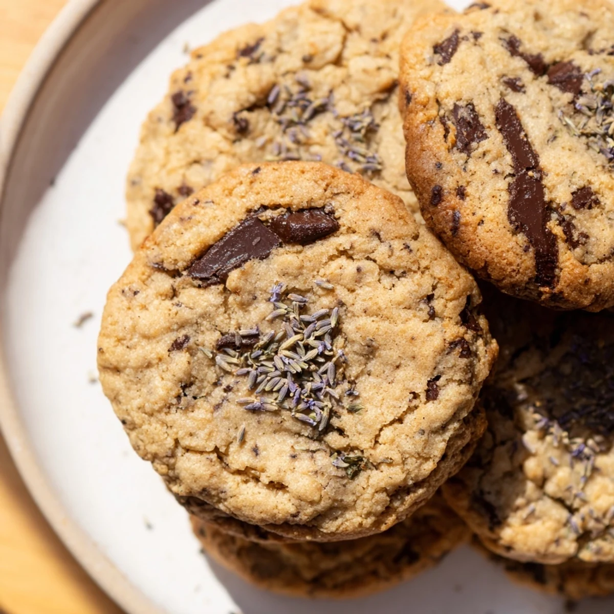 Perfectly baked Lavender Chocolate Chip Cookies with crispy golden edges and melty chocolate puddles.
