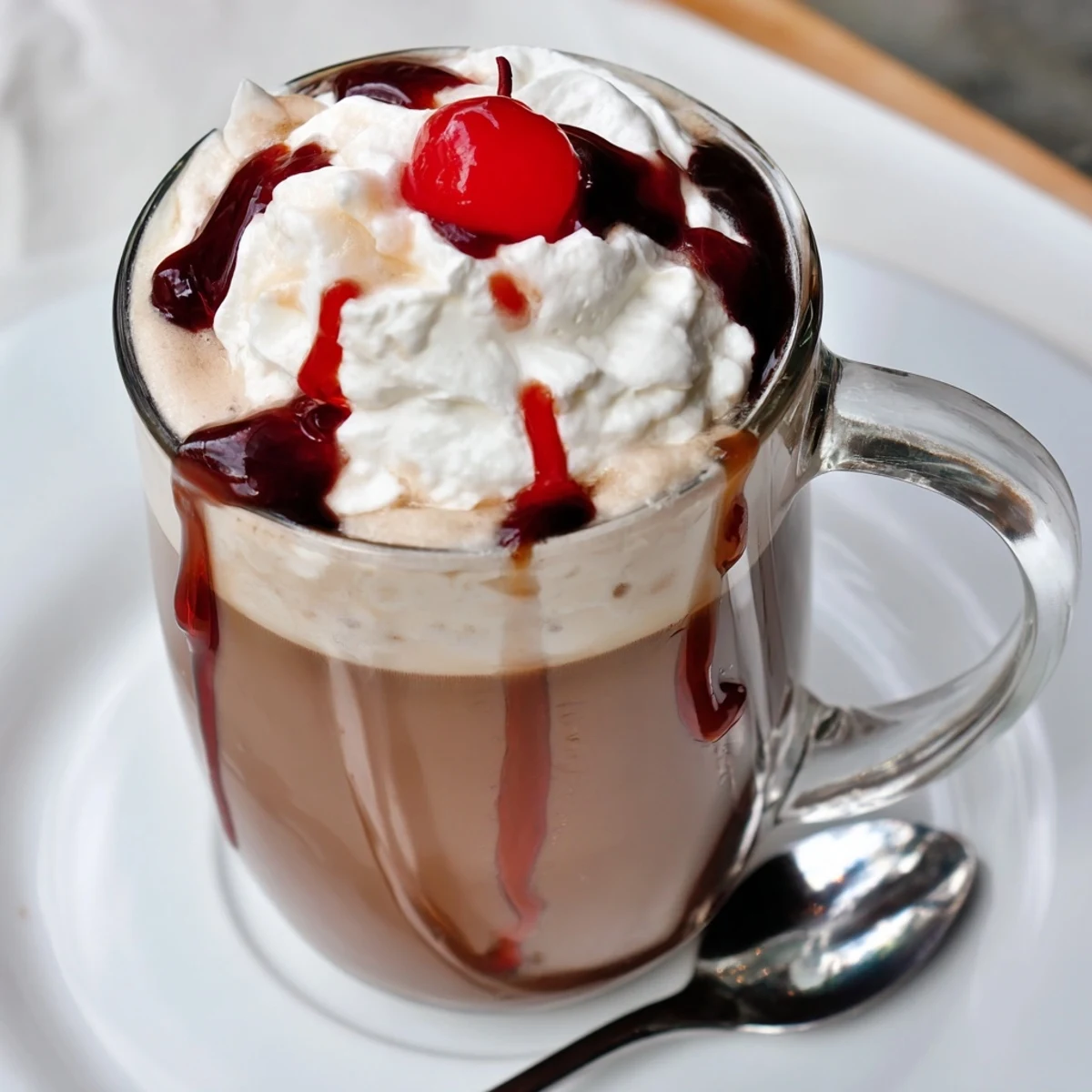 Steaming milk froths over espresso and cherry syrup in the viral Cherry Vanilla Latte glass, topped with whipped cream.
