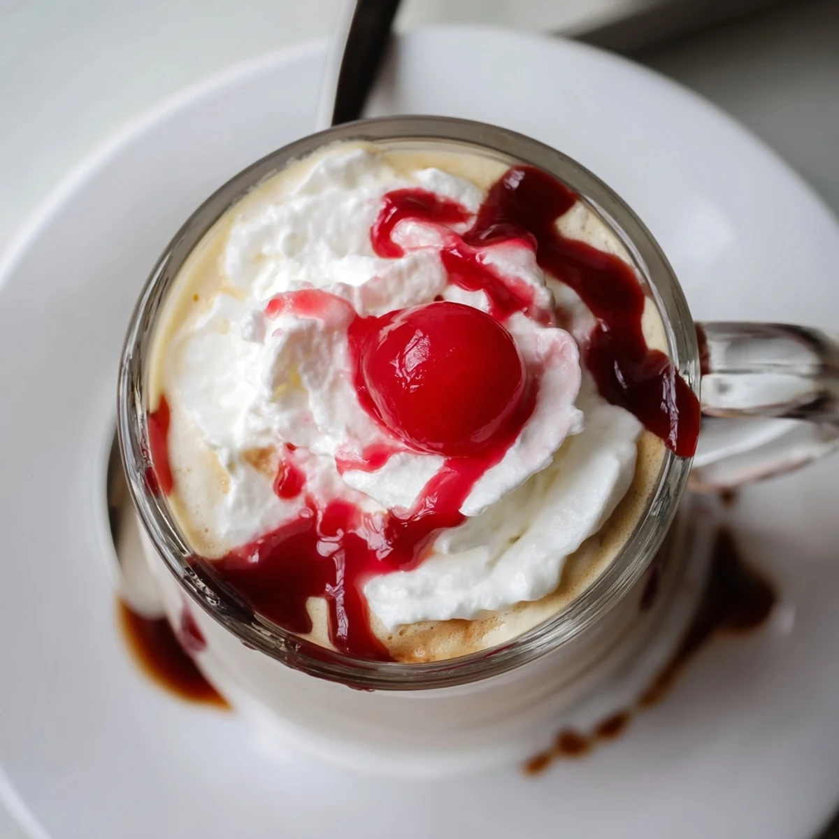 Cherry syrup swirls in a clear mug beside fresh cherries on a saucer, the viral Cherry Vanilla Latte glistening.