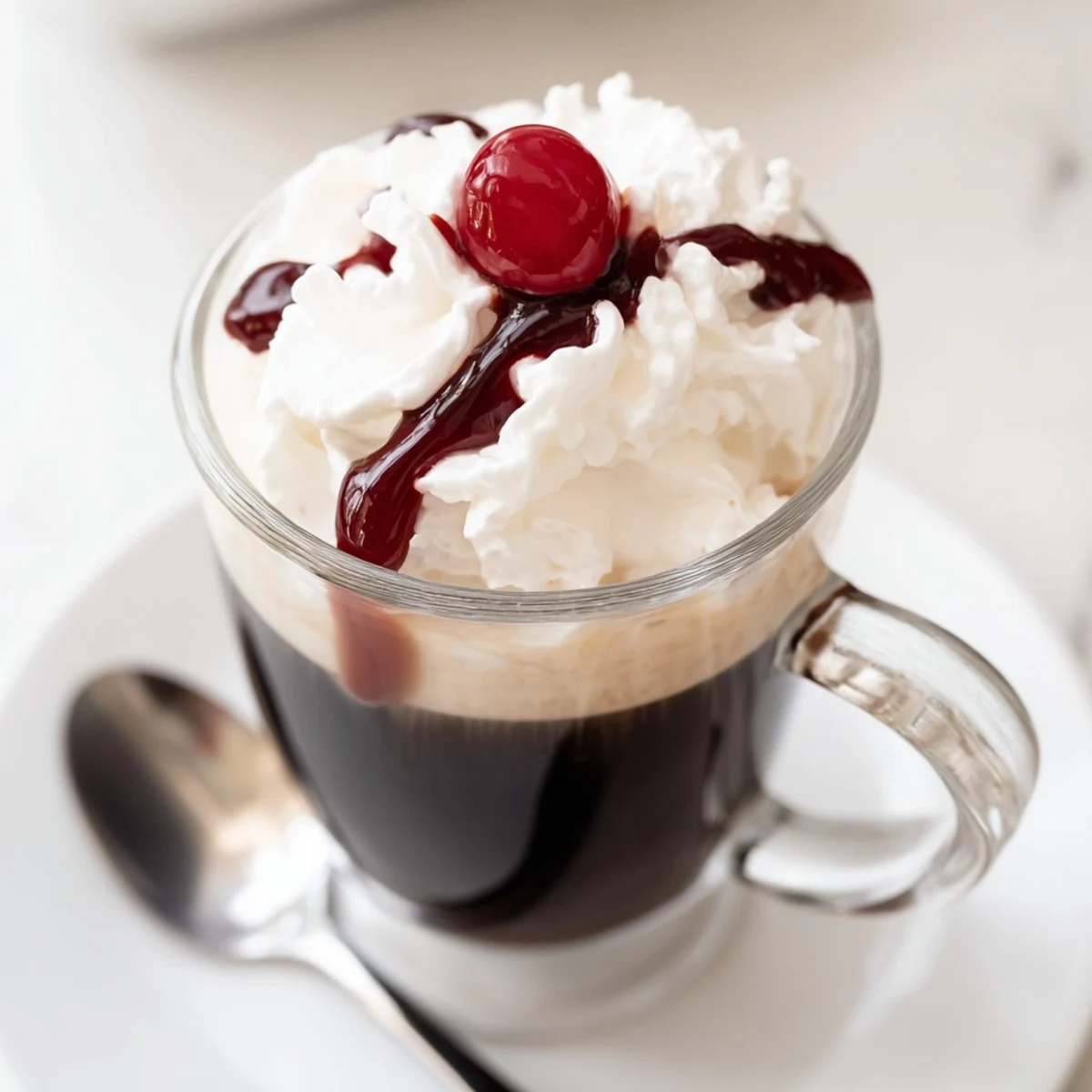 Barista pours foamy milk into espresso with cherry drizzle, preparing the viral Cherry Vanilla Latte for serving.