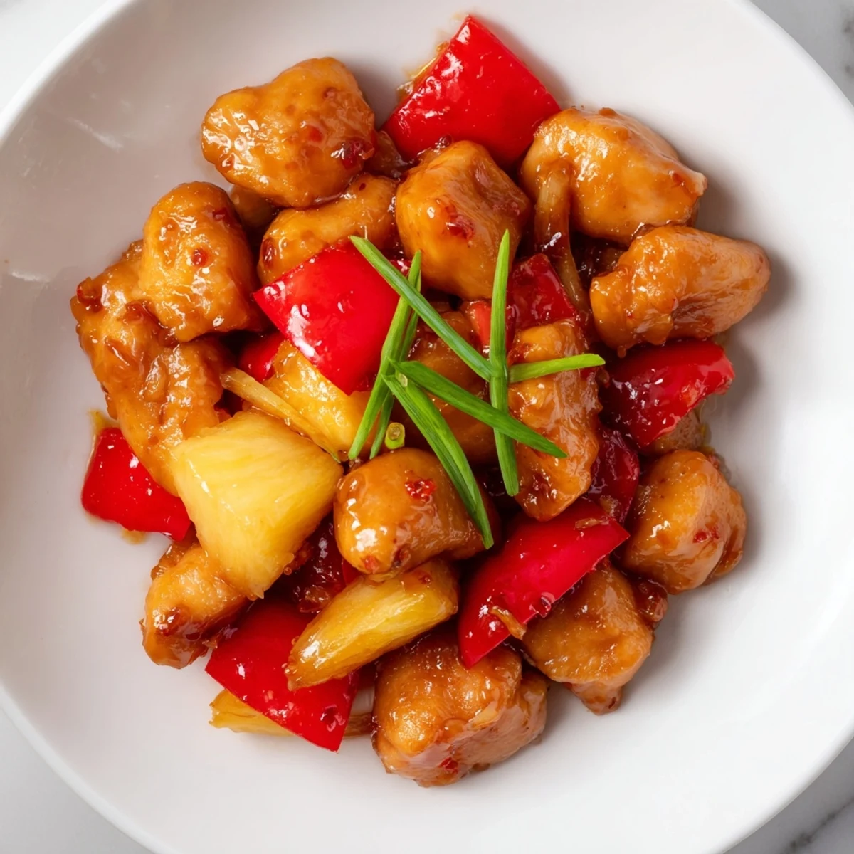 Juicy pineapple and crisp red bell pepper mingle with glazed Honey Garlic Pineapple Chicken in a steaming skillet, ready to serve.