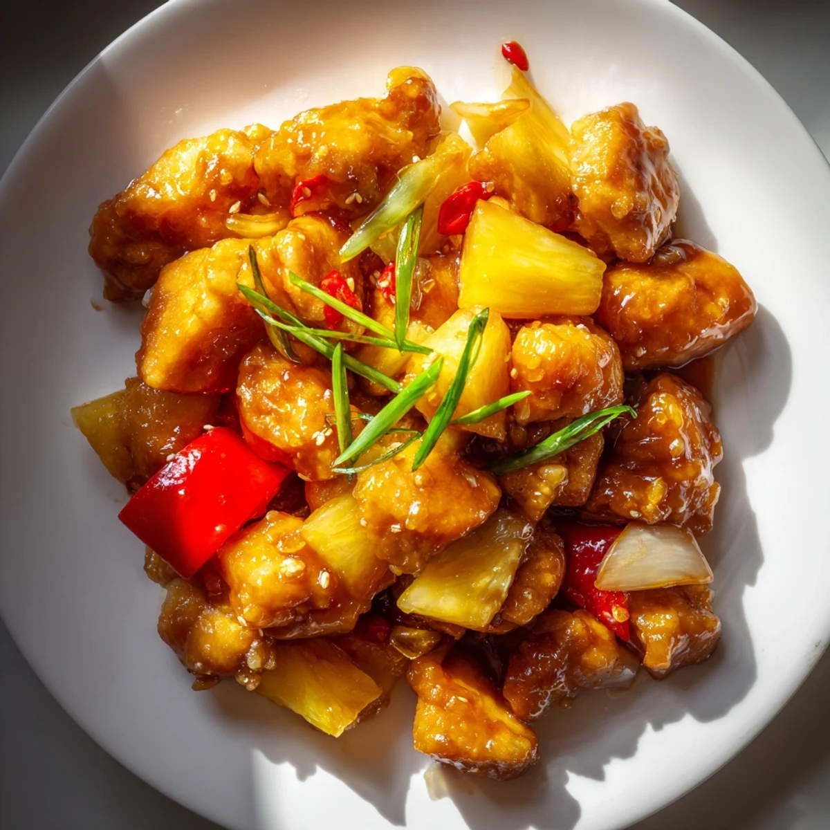 Garnished with green onions and sesame seeds, this Honey Garlic Pineapple Chicken offers a sweet and savory aroma, ideal for family dinners.