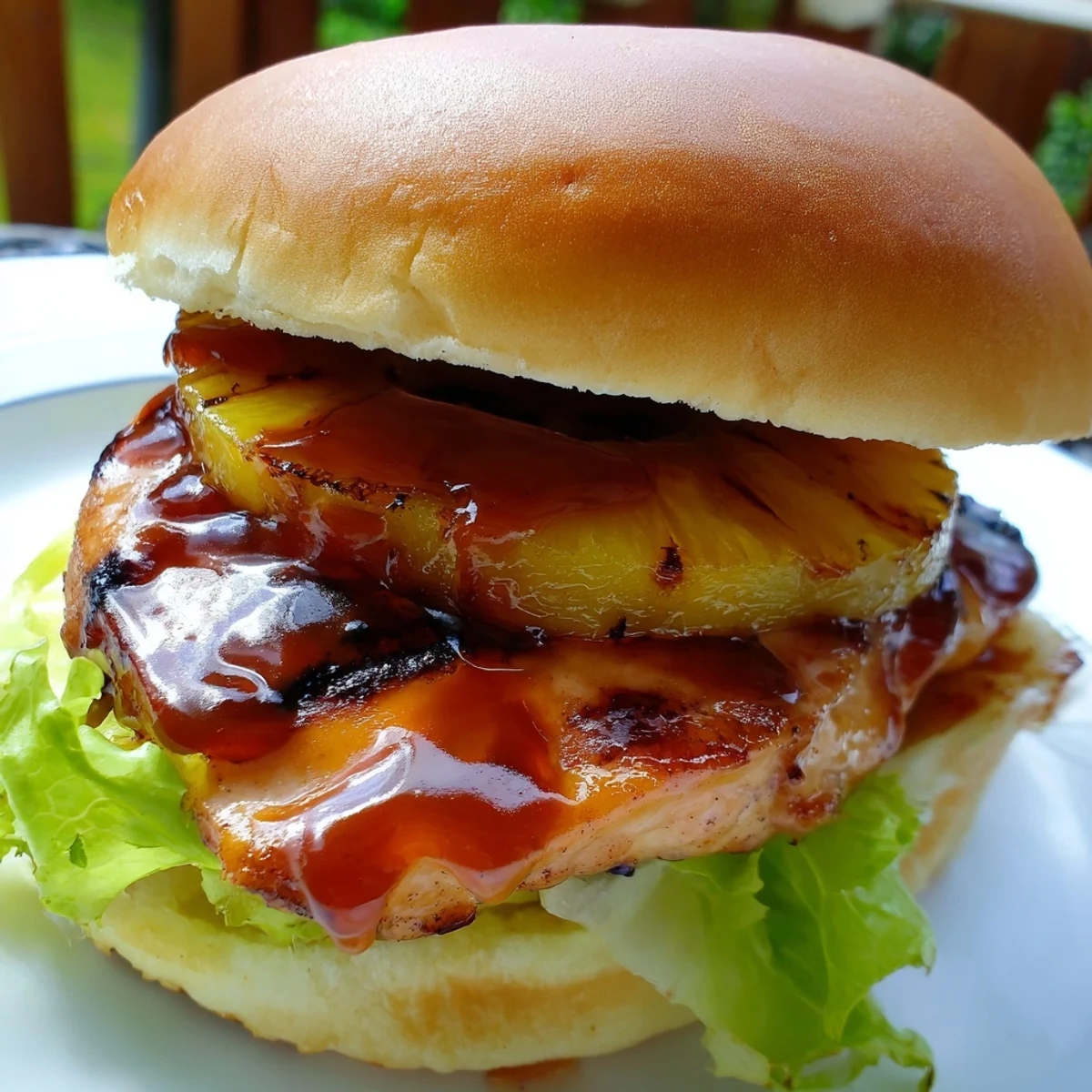 A vibrant Hawaiian Pineapple Chicken Burger served with crisp lettuce, red onion, and fresh tomato slices on a soft bun.