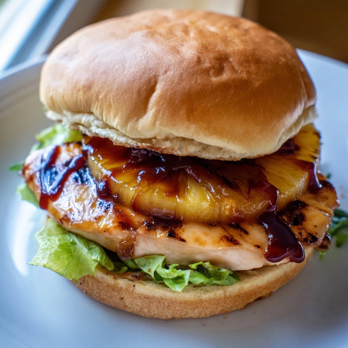 Sizzling Hawaiian Pineapple Chicken Burger fresh off the grill, with pineapple rings and teriyaki drizzle ready for serving.
