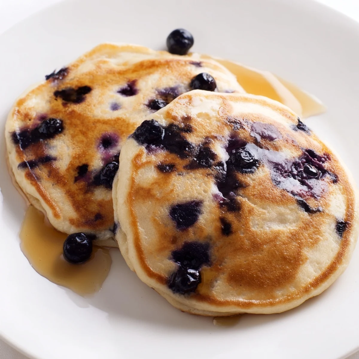 A close-up of Fluffy Greek Yogurt Blueberry Pancakes with golden brown edges and a creamy dollop of Greek yogurt.