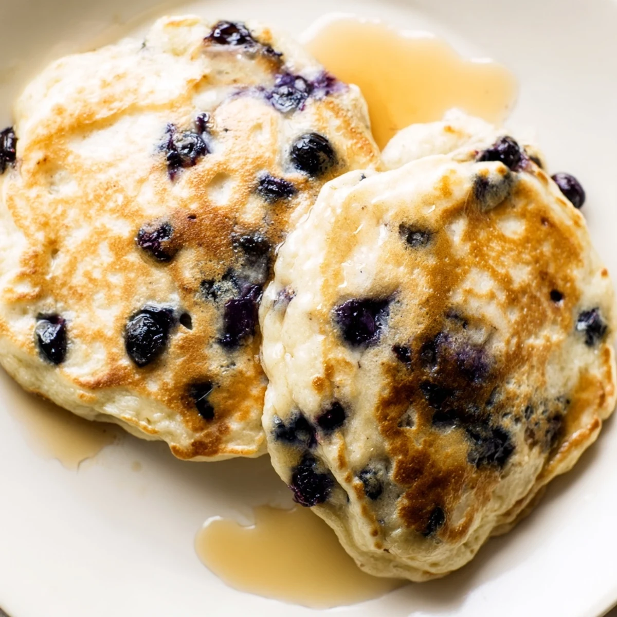 Stack of Fluffy Greek Yogurt Blueberry Pancakes topped with fresh blueberries and a drizzle of maple syrup on a plate.