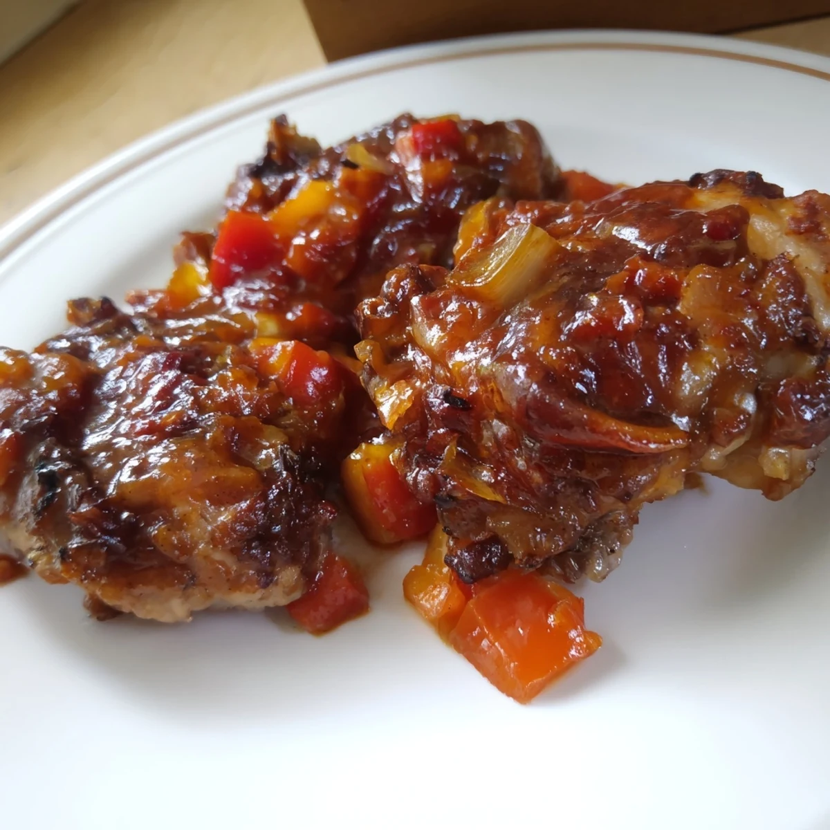 Golden brown chicken thighs glazed in a tangy Catalina sauce with sautéed onions and peppers in a rustic skillet.