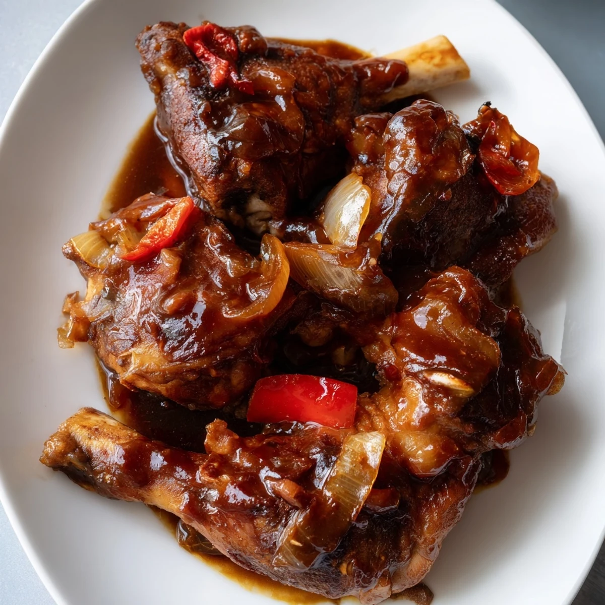 Savory Braised Catalina Chicken served over fluffy white rice with a side of green salad for a complete meal.