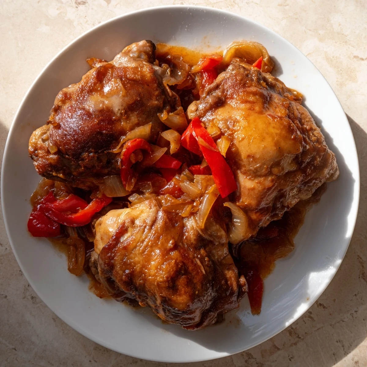Tender, oven-braised Catalina Chicken thighs simmering in a sweet and savory sauce inside a cast iron pot.