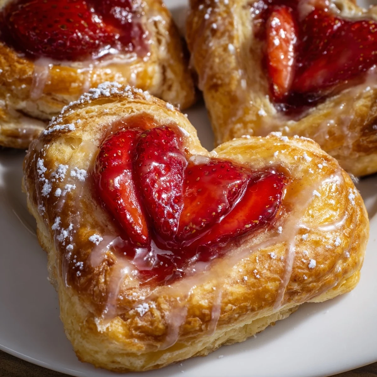 Flaky Strawberry Cream Cheese Heart Danishes with a golden crust and sweet strawberry filling.