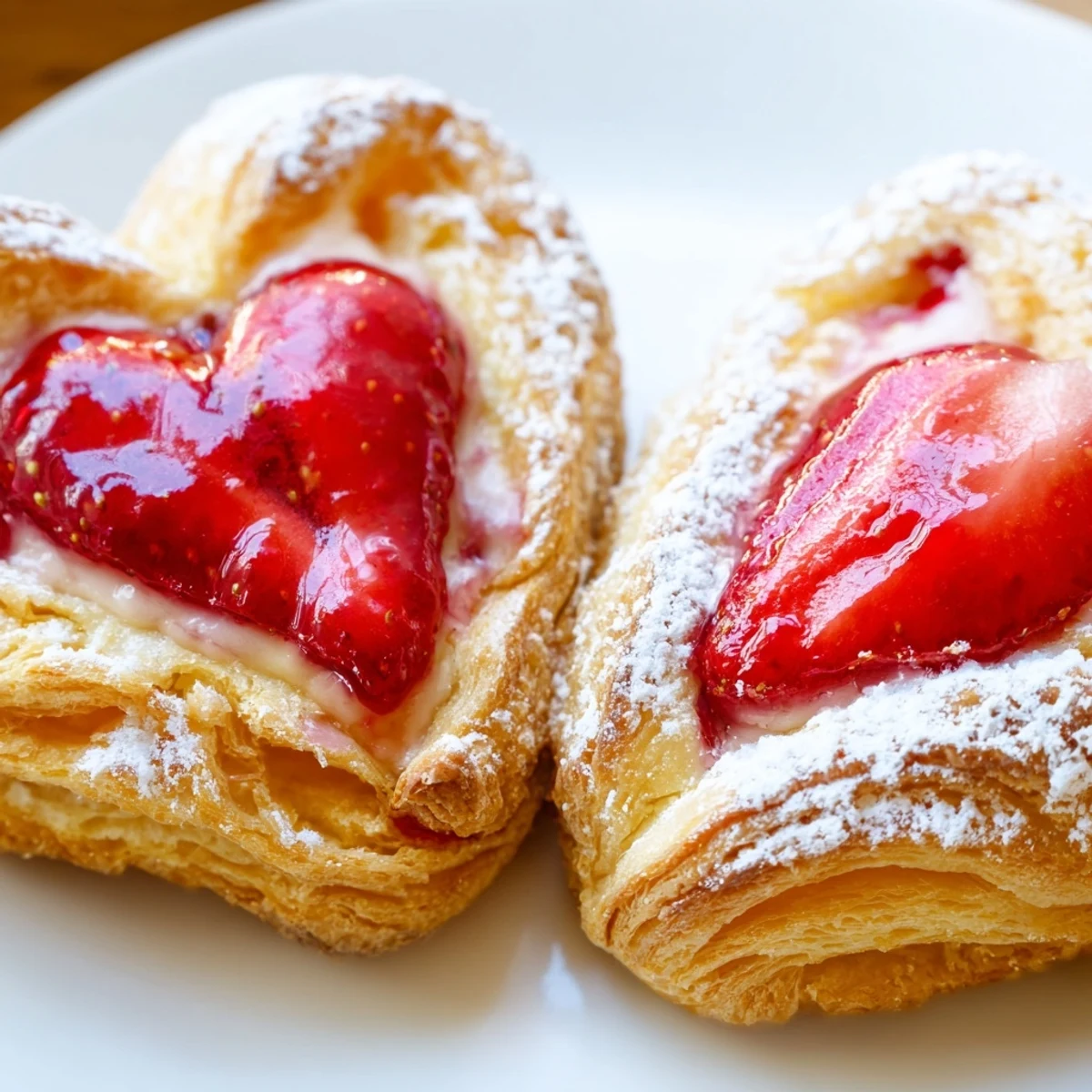 Golden Strawberry Cream Cheese Heart Danishes topped with fresh berries and a sweet glaze.