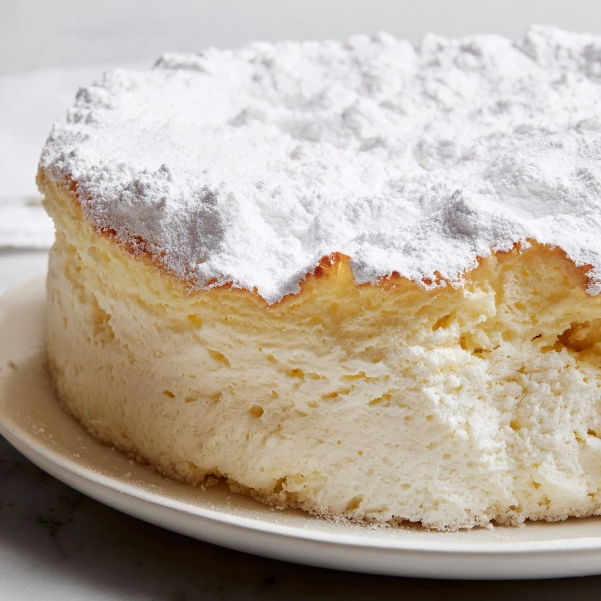 The light and airy texture of the Fluffy Yogurt Cloud Cake is highlighted in this dessert photo.