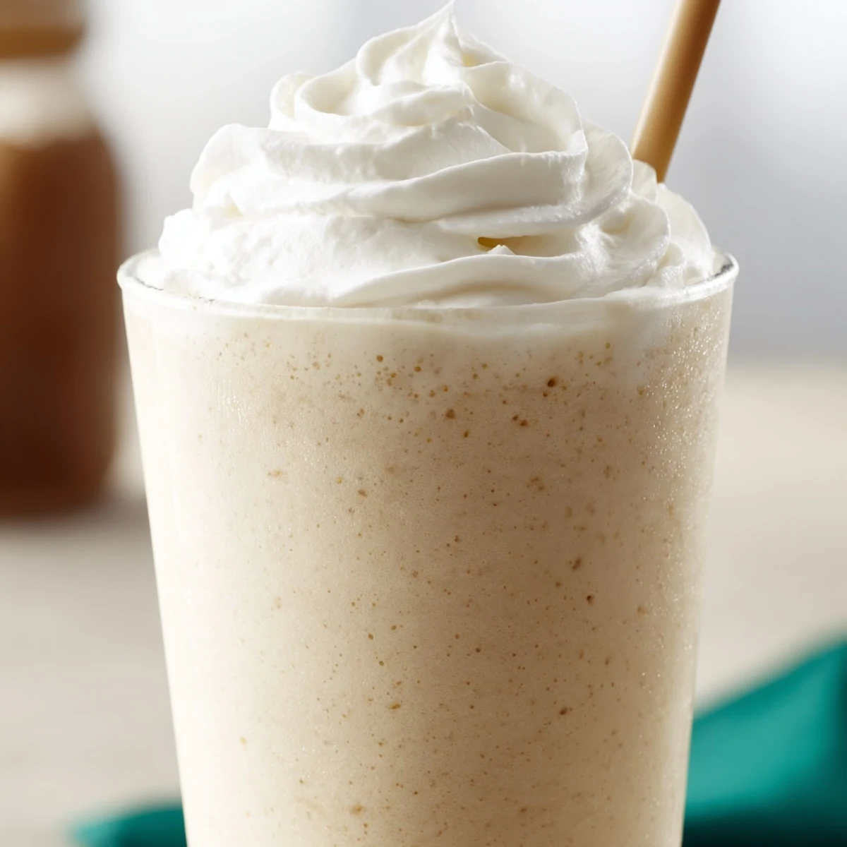 A glass of Starbucks Vanilla Bean Frappuccino topped with whipped cream and a straw, showing a creamy white texture.