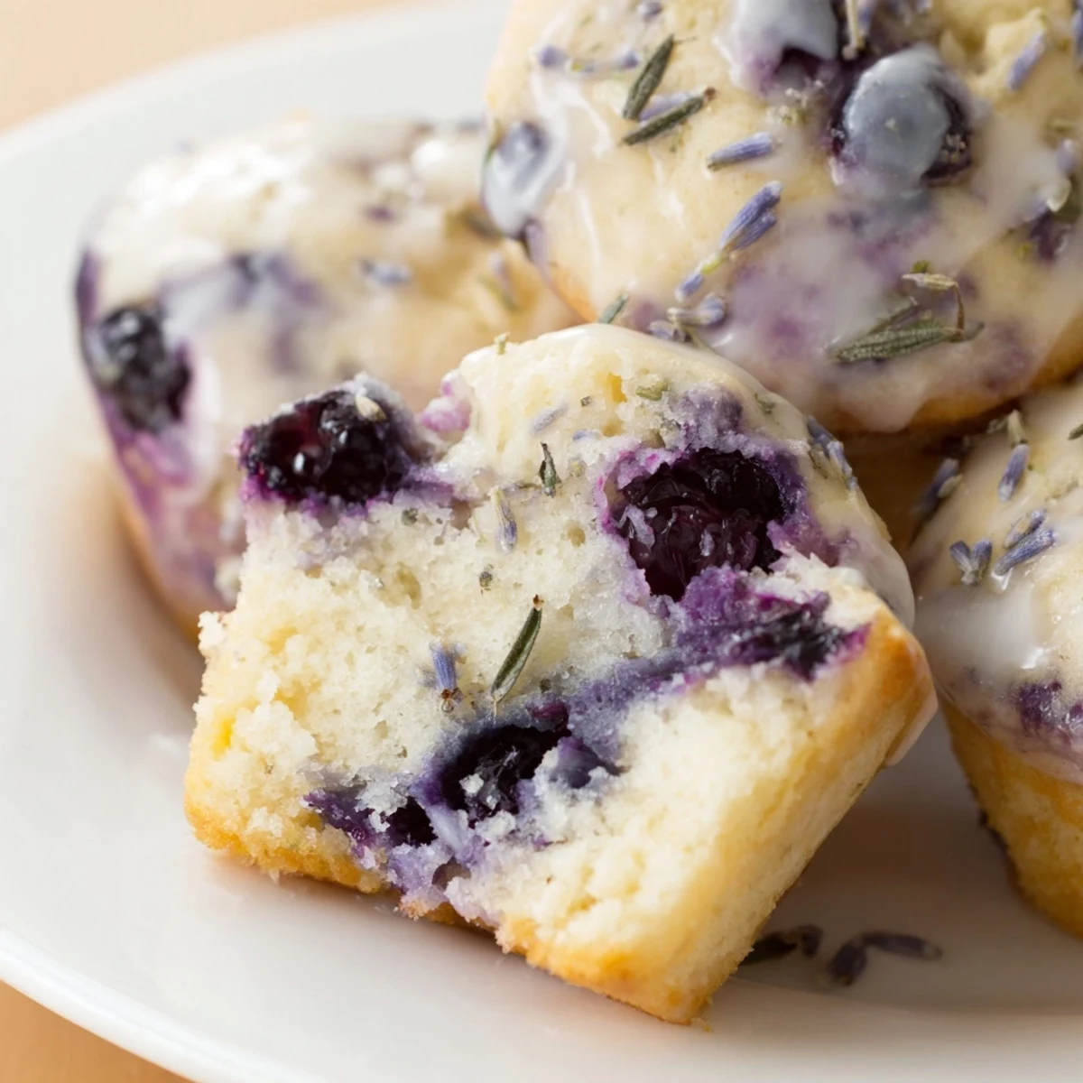Freshly baked Lavender Blueberry Tea Cakes cooling on a wire rack with a light lemon glaze.
