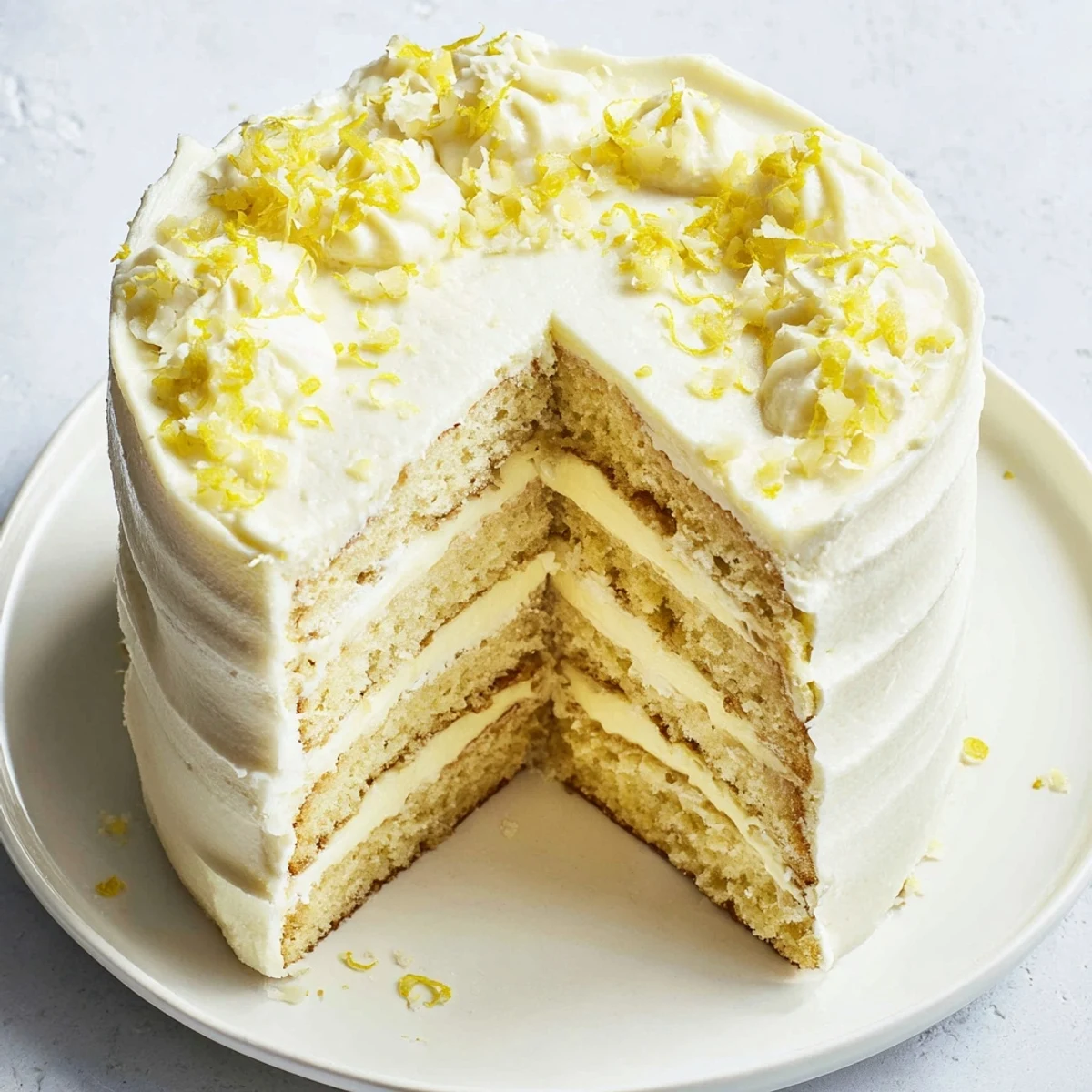 Homemade Limoncello Mascarpone Cake decorated with lemon zest and edible flowers.