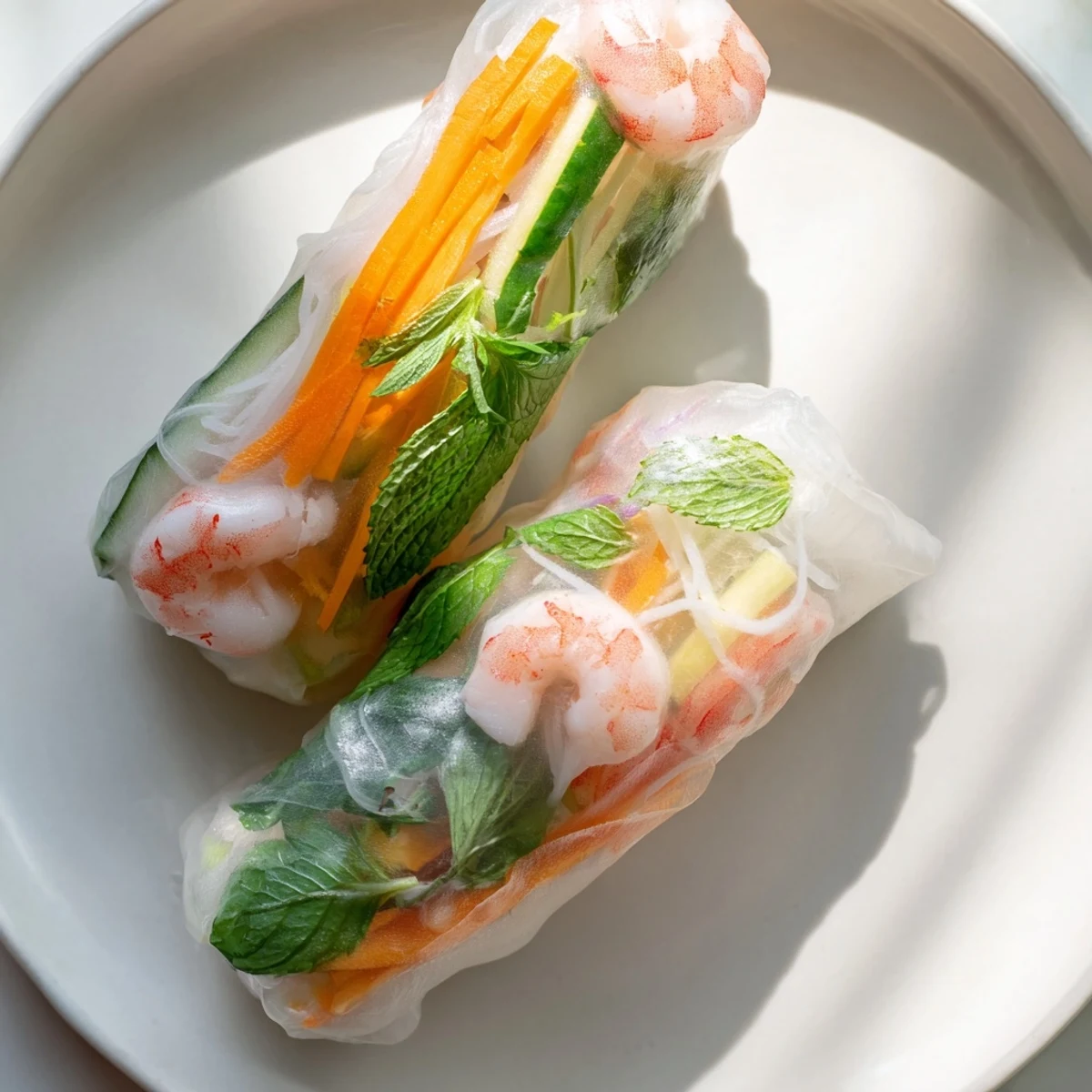 Fresh, translucent rice paper wraps cradling crisp vegetables, shrimp, and herbs on a plate beside a bowl of rich peanut dipping sauce. Vietnamese Spring Rolls.