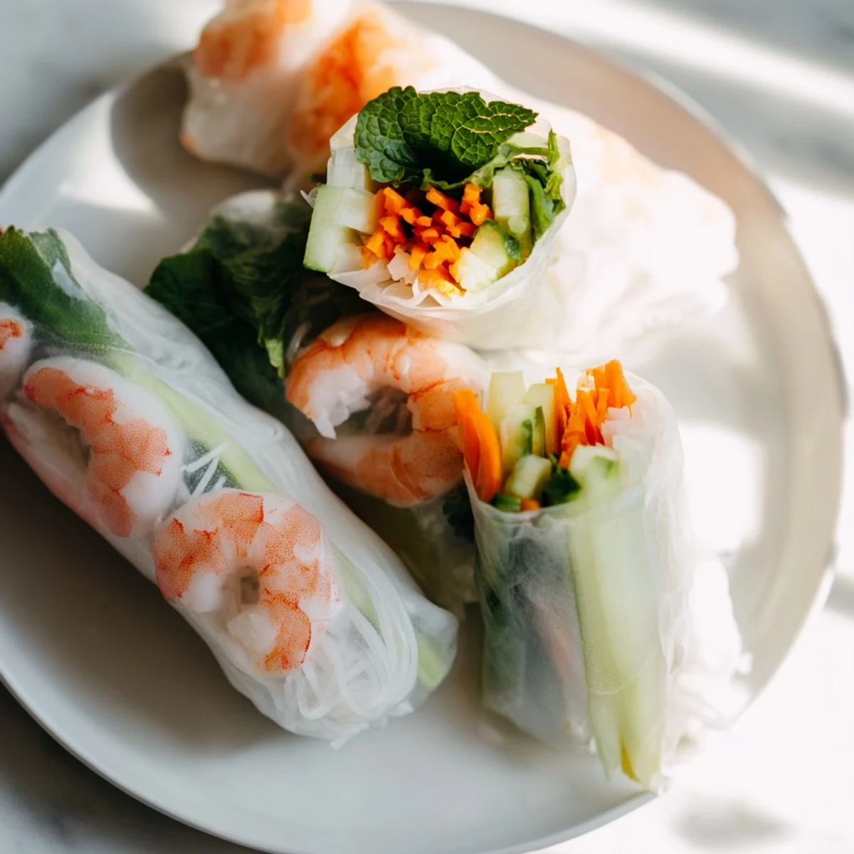 A close-up of vibrant Vietnamese Spring Rolls with julienne carrots and cucumbers, mint, and a creamy peanut sauce for dipping.