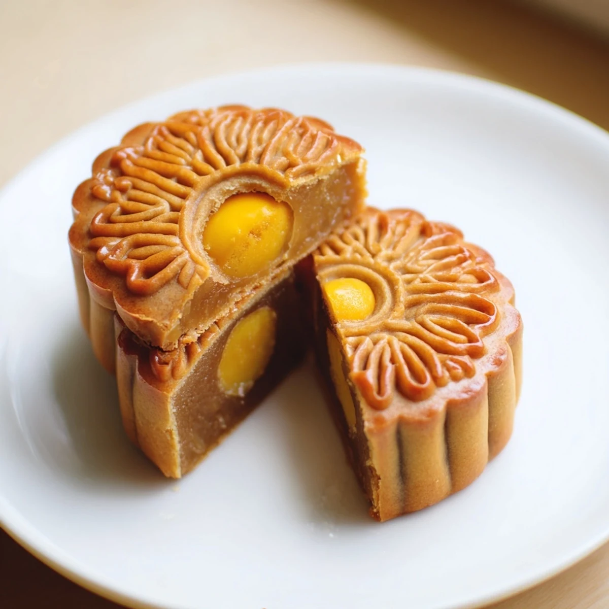 Traditional mooncake with golden-brown pastry, rich lotus seed filling, and delicate patterns pressed into the top.