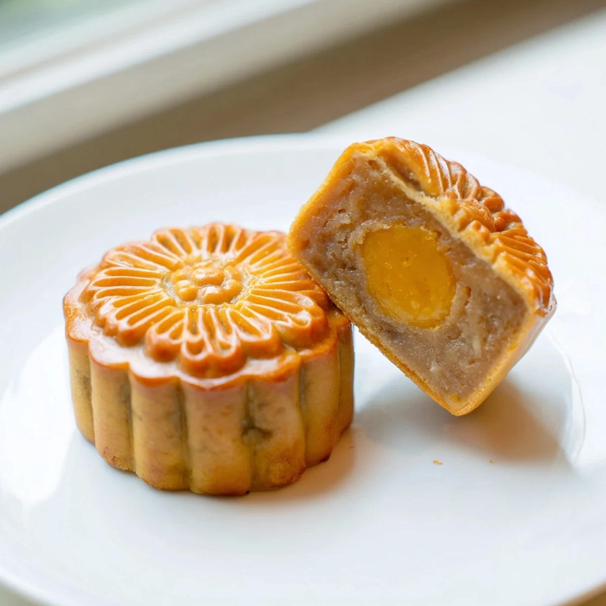 A close-up of a baked mooncake sliced in half, revealing dense sweet paste and optional salted egg yolk center.