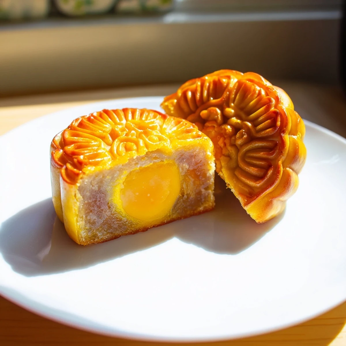 Freshly made mooncakes cooling on a tray, ready to be served with steaming Chinese tea during Mid-Autumn Festival.