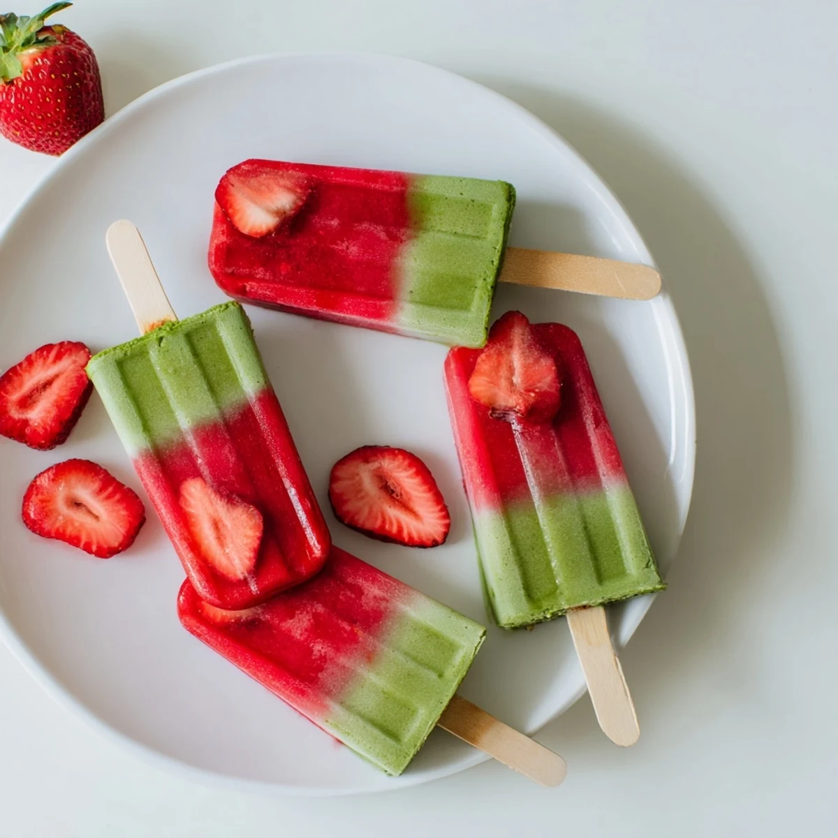 Creamy strawberry and matcha latte popsicles on a marble plate, showing vibrant pink and green layers.