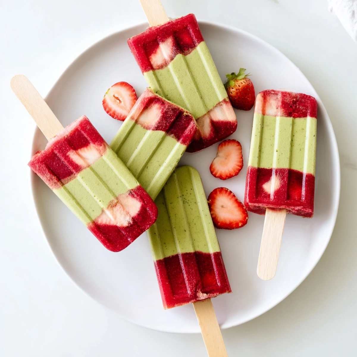 Homemade Strawberry Matcha Latte Popsicles with wooden sticks, garnished with fresh mint and sliced strawberries.