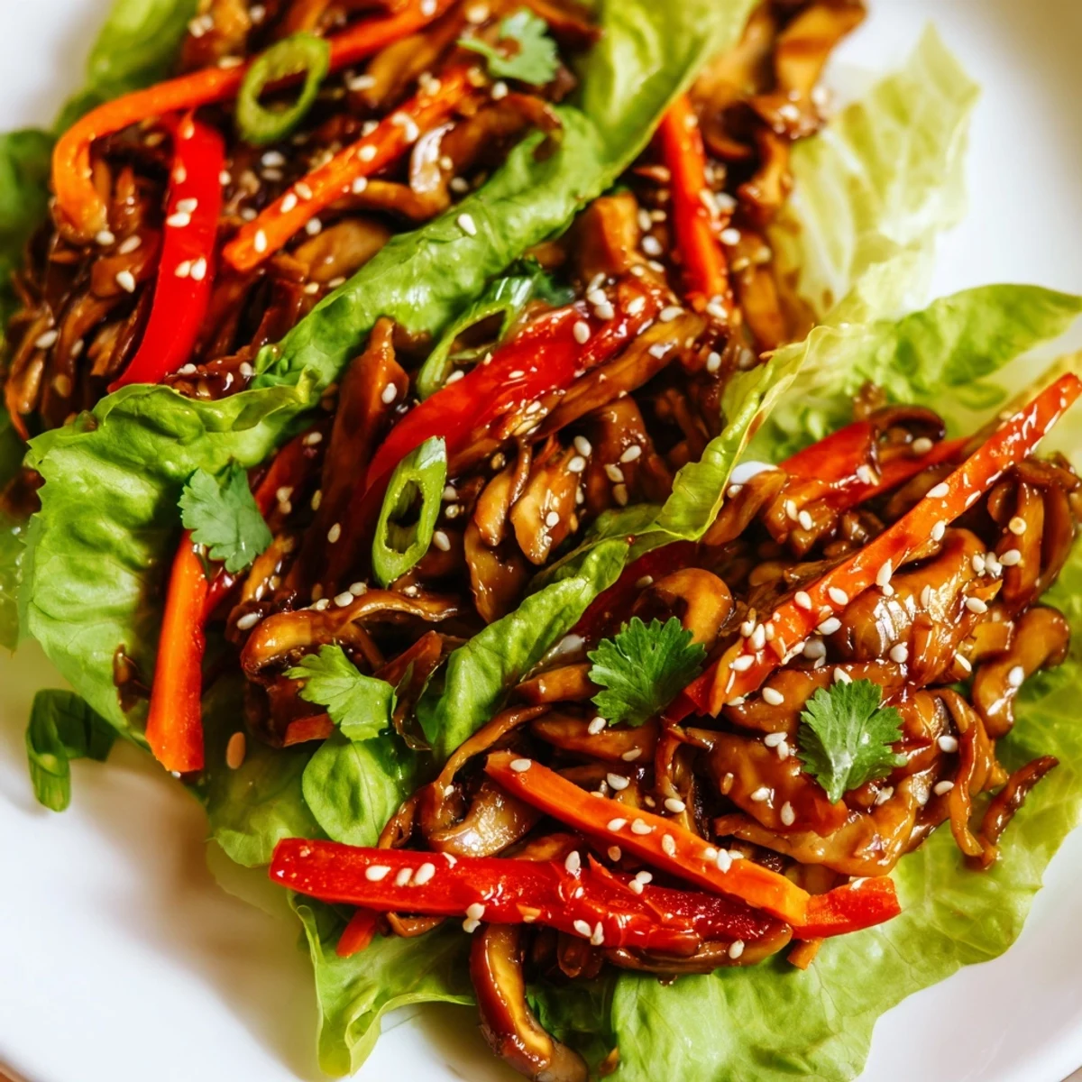 Fresh shiitake mushroom lettuce wraps filled with savory sautéed vegetables and topped with sesame seeds.