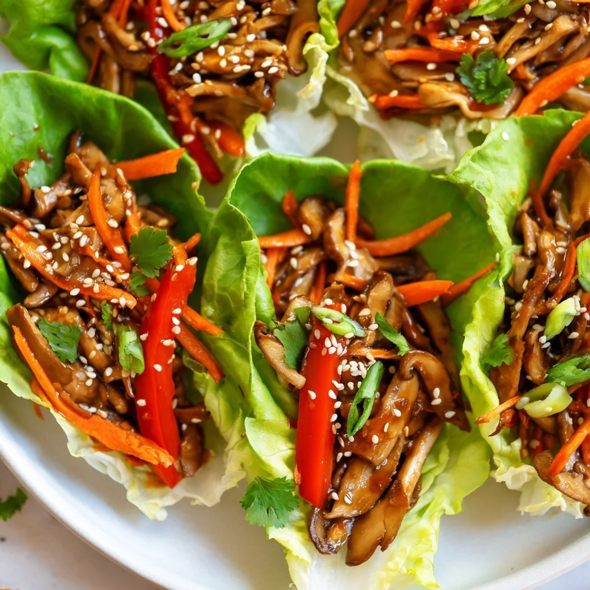 Colorful shiitake mushroom lettuce wraps with crunchy carrots and peppers, garnished with fresh cilantro.