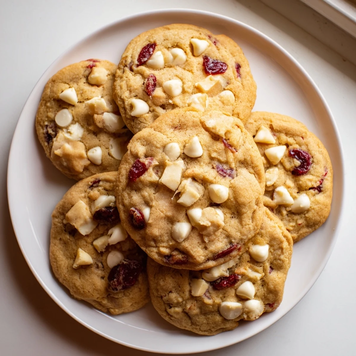 A close-up of White Chocolate Cranberry Cookies with melted white chips and tart red cranberries on a festive plate.