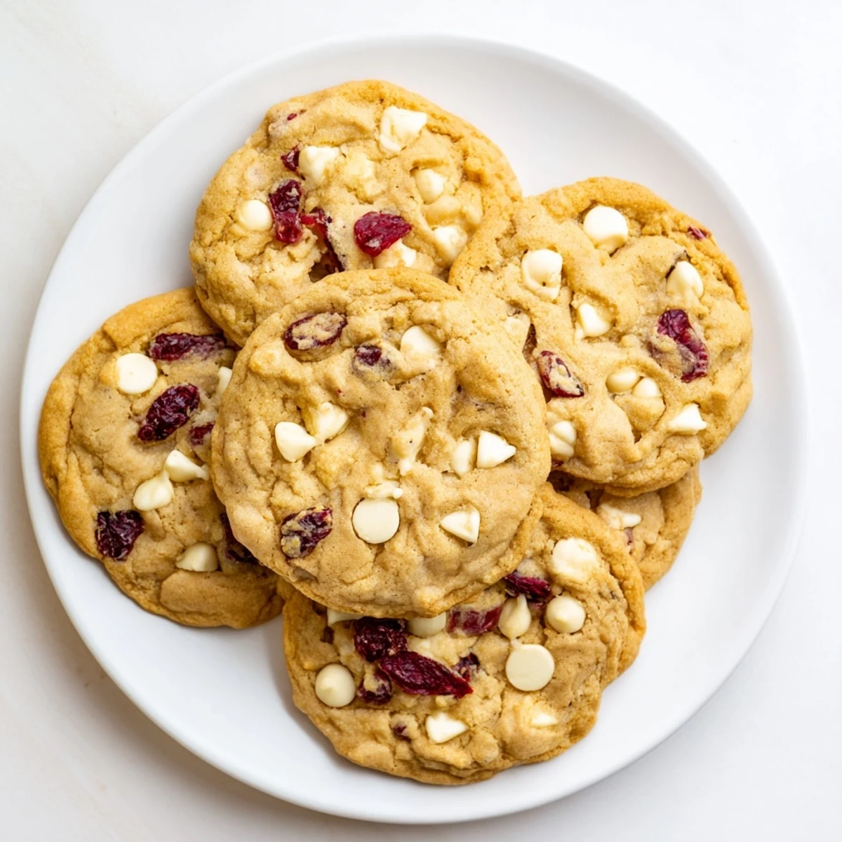 Stack of warm White Chocolate Cranberry Cookies showing chewy centers and golden edges, ready for a holiday dessert platter.