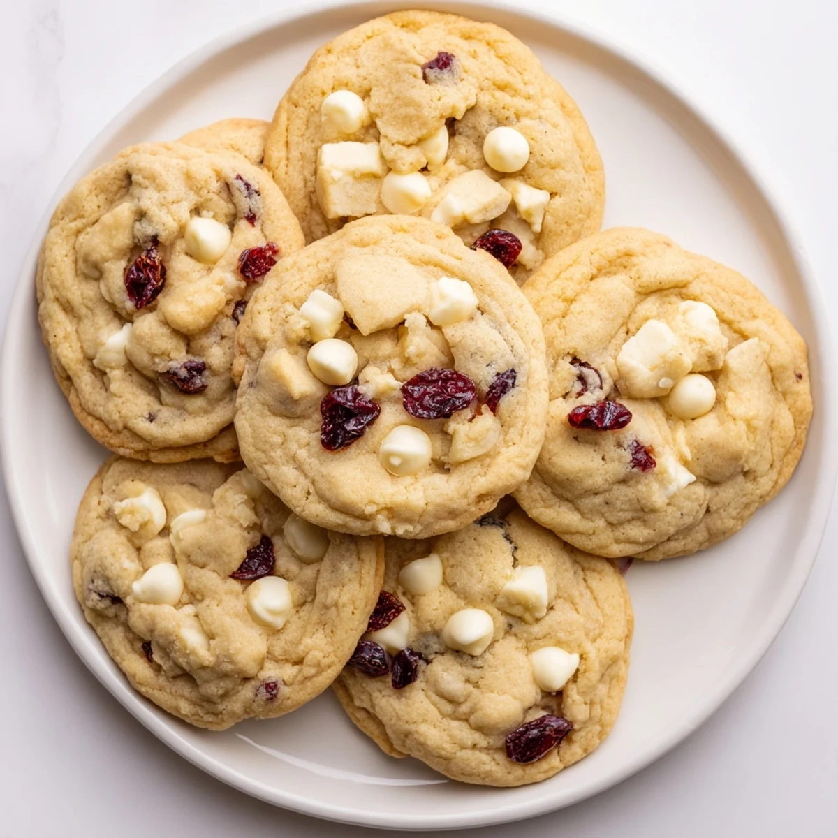 Freshly baked White Chocolate Cranberry Cookies on a wire rack, with cranberries and white chocolate bits visible.