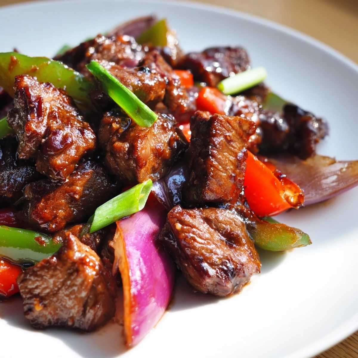Juicy cubes of Vietnamese Shaking Beef sizzling in a hot wok with onions and bell peppers.