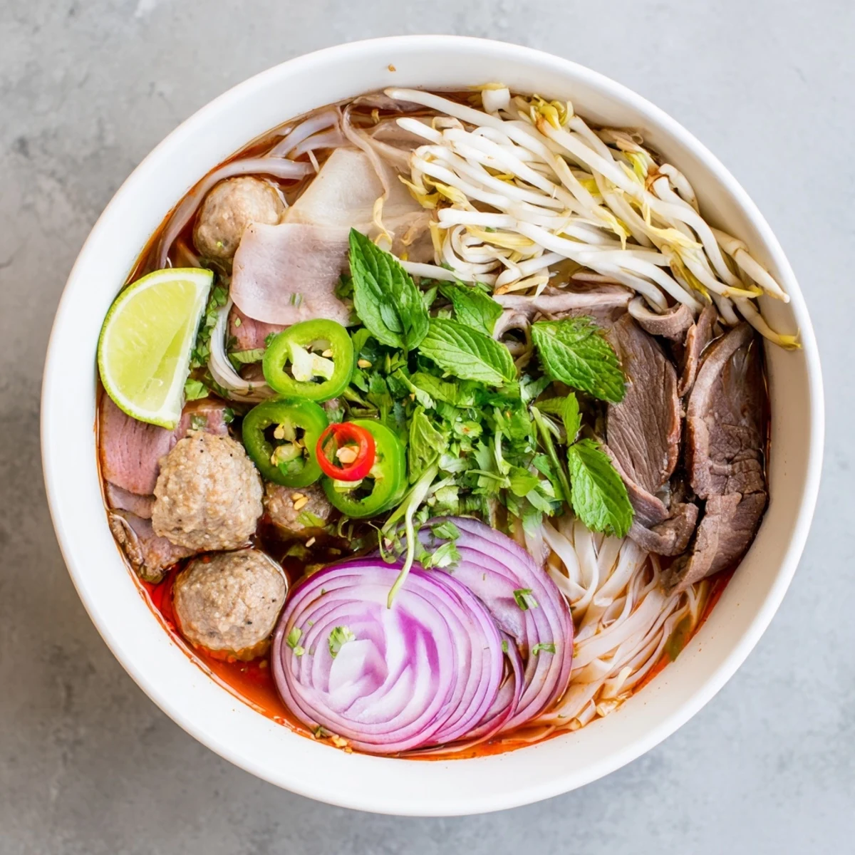 Steaming bowl of Bun Bo Hue with thick rice noodles, tender beef slices, and fresh herbs.