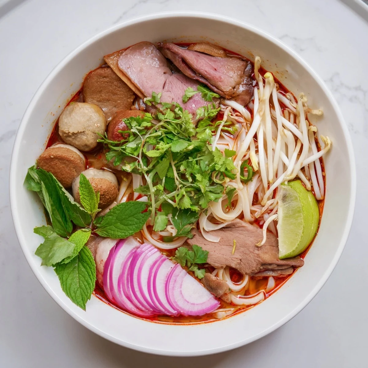 Vietnamese Bun Bo Hue noodle bowl with pork sausage, chili oil drizzle, and lime wedges for serving.