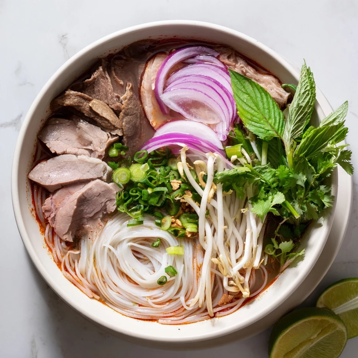 Spicy Bun Bo Hue soup features aromatic lemongrass broth and colorful garnishes on a wooden table.