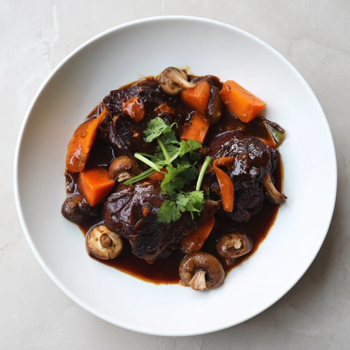 Close-up of slow-cooked Asian Style Slow Cooked Beef Cheeks With Mushrooms glistening in a rich, dark sauce, garnished with fresh cilantro and scallions.