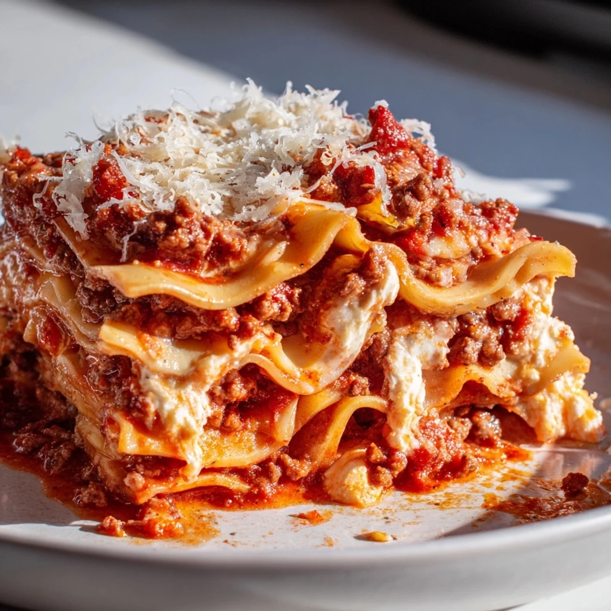 Golden brown pasta sheets nestled in a rich meaty tomato sauce inside a hot frypan.